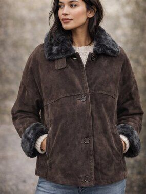 Pacific Trail Genuine Suede Leather Jacket Faux Fur Lined Brown Cozy Winter Sz L